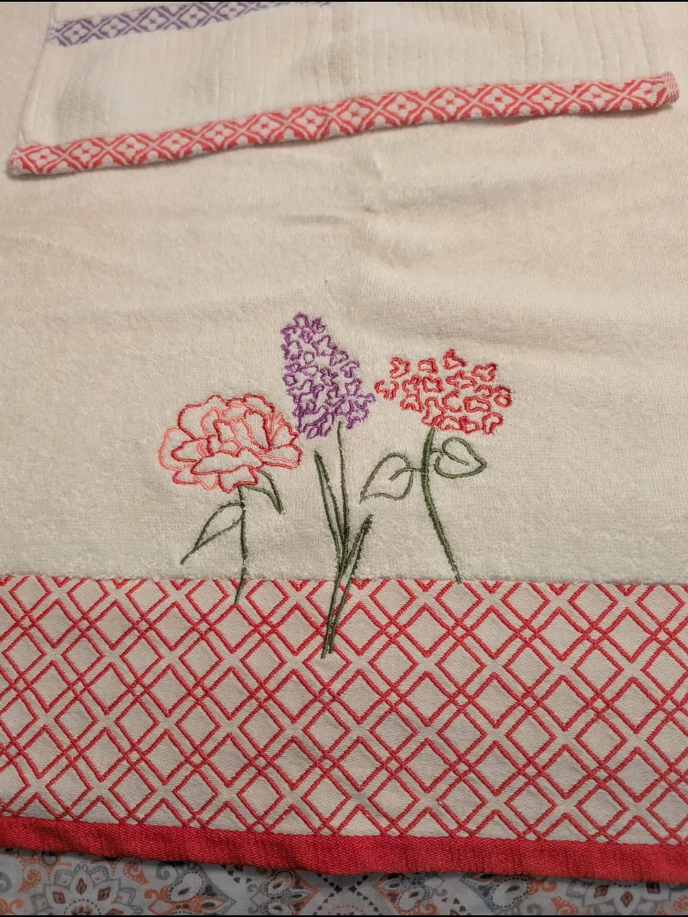Embroidered Floral Stripe Bath Towel Set - Cream with Pink, Purple & Green